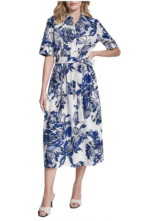 Dkny Dresses & Skirts - DKNY White Midi Dress with Blue Floral Print and Tie Belt